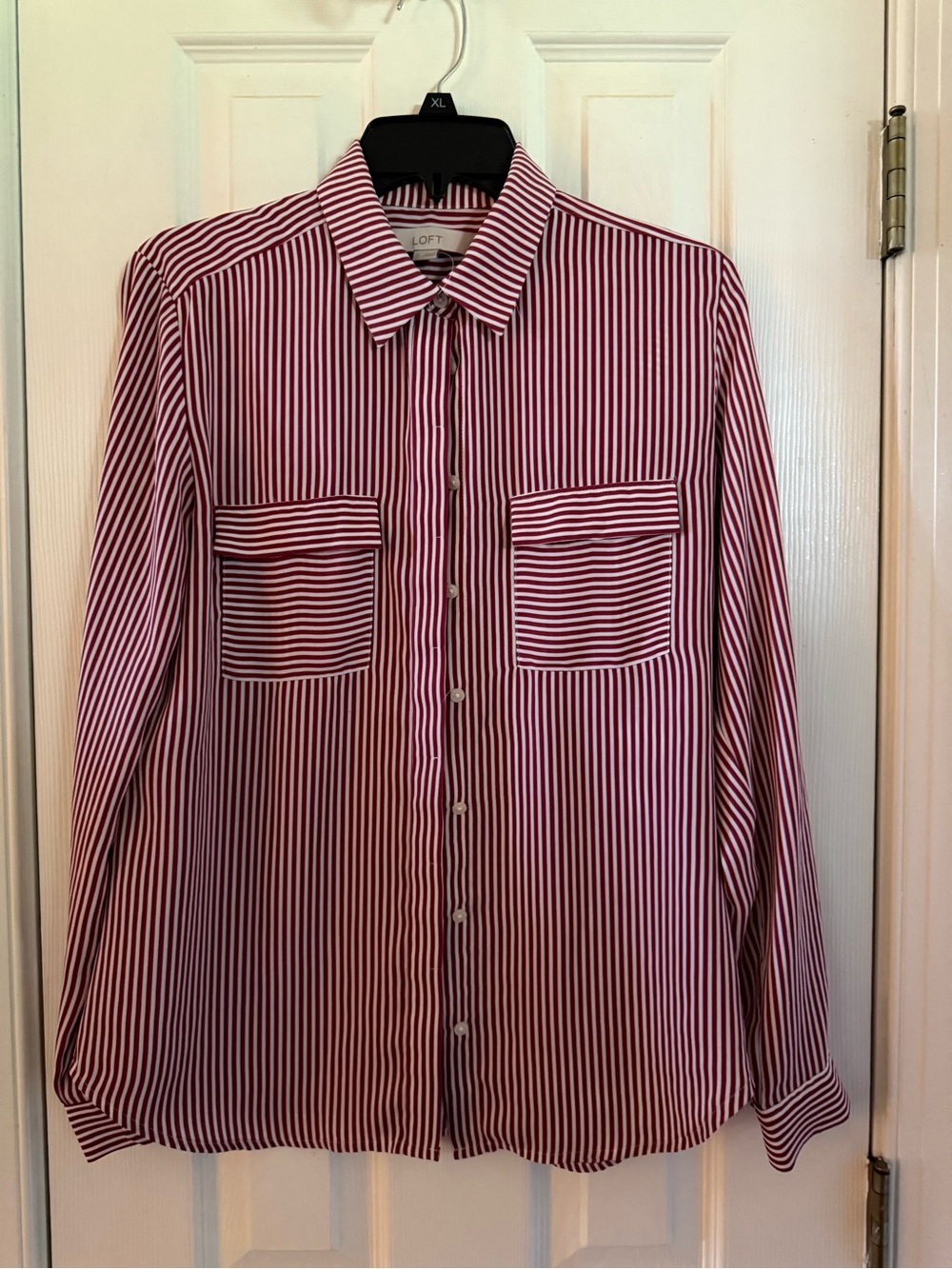 LOFT Red and White Vertical Stripe Button-Down Shirt